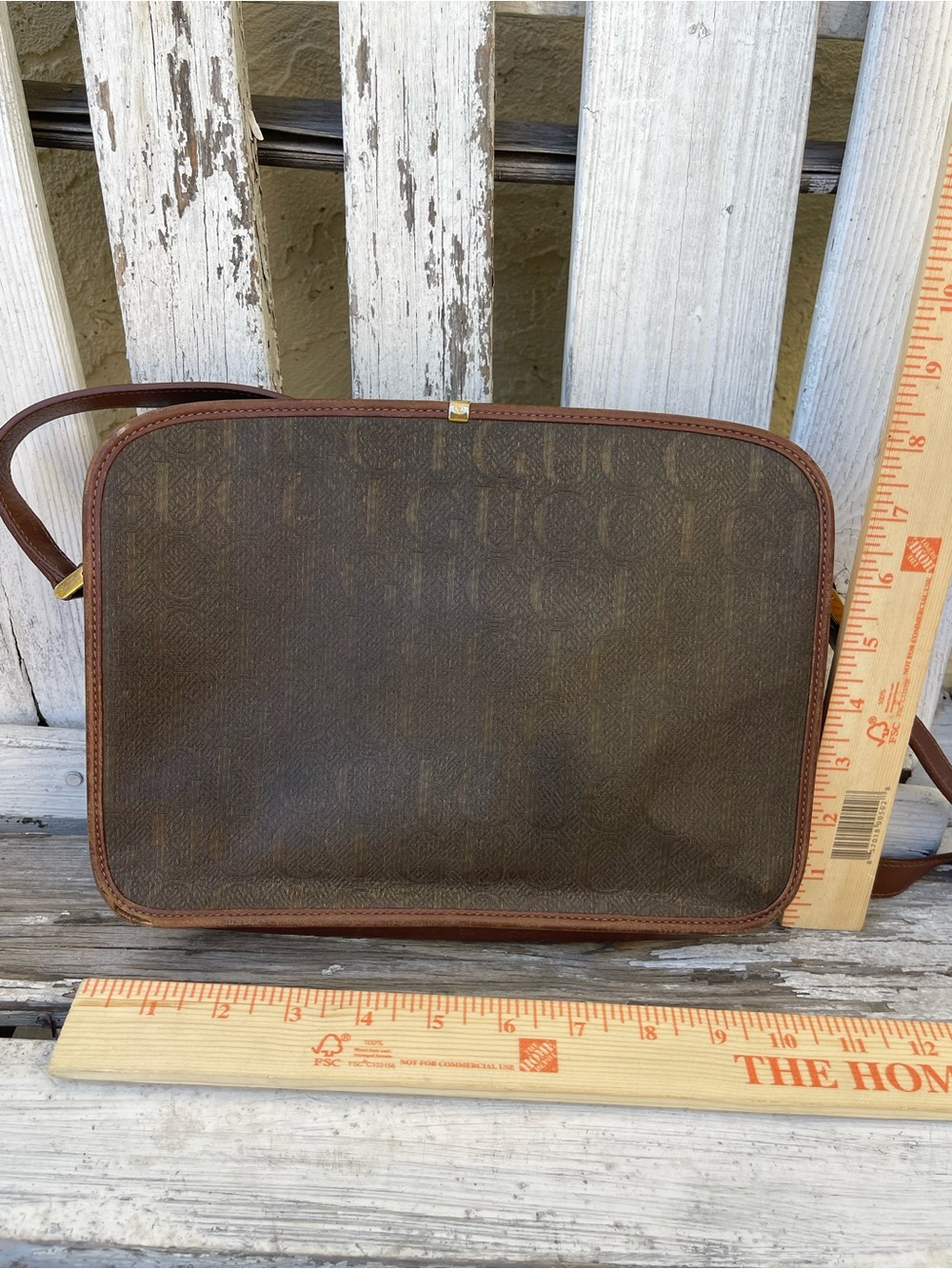 Gucci Vintage GG Monogram Canvas Crossbody Messenger Bag Brown Leather Trim - Picture 8 of 13